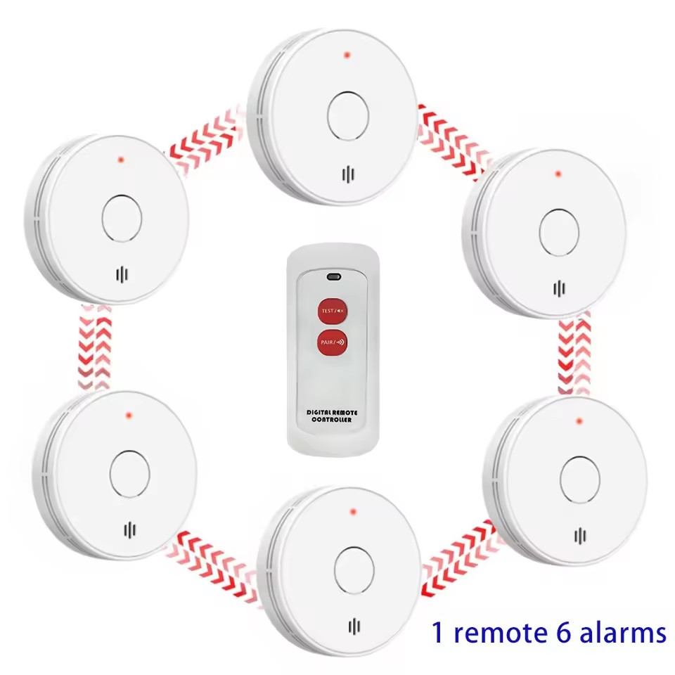 Smoke Detector Interconnected - 10年間電池駆動の連動型煙感知器/リモコン付き、無線連動式火災報知器