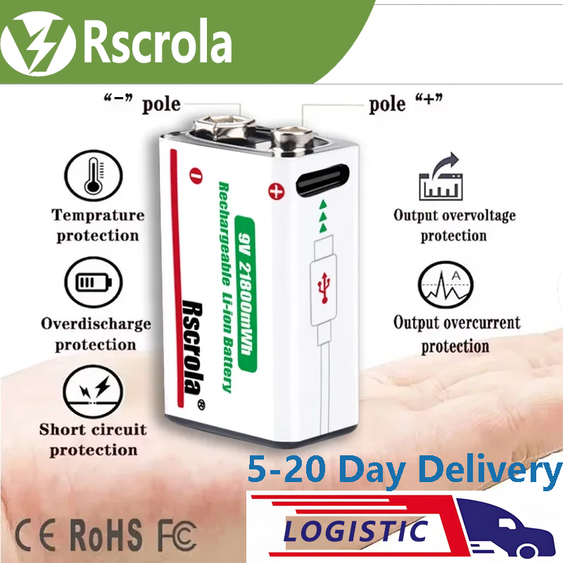 Smoke Detector Interconnected - Rscrola 9V 21800mWhリチウムイオン充電式バッテリー、ギター、マイク、煙感知器、ペダル用高容量バッテリー（ケーブル付き）