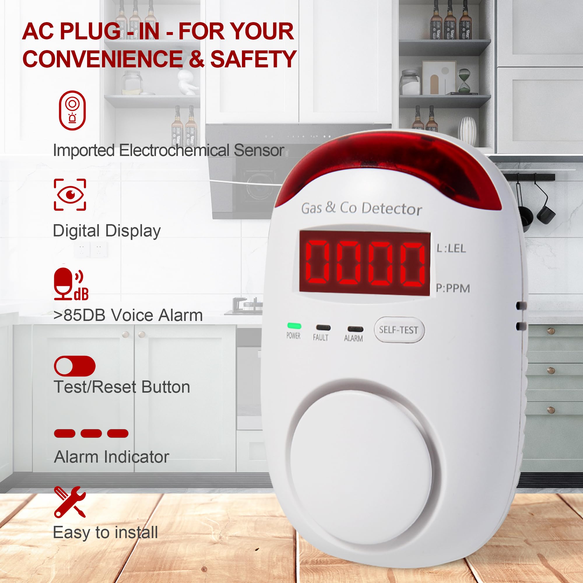 Co Detector Plug - ガス・一酸化炭素複合検知器（プラグイン式）、2-in-1天然ガス検知器＆一酸化炭素警報器、CO検知器警報器＆プロパン、家庭・RV用爆発性ガス検知器、取り付け簡単